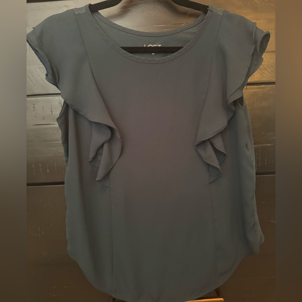 LOFT Navy Ruffled Cap Sleeve Blouse